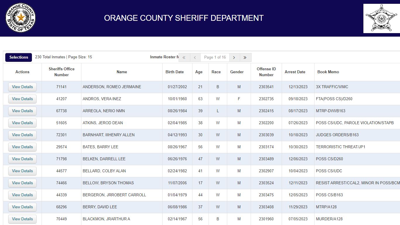 Inmate Roster - Orange County, Texas